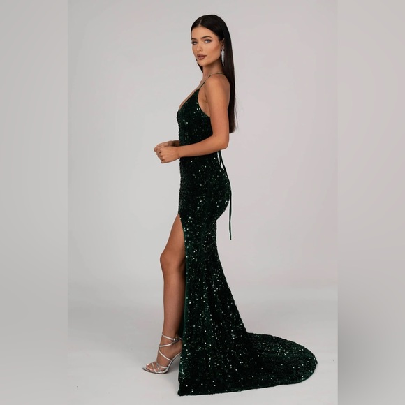 Side Slit Velvet Sequin Gown - Emerald - Picture 5 of 7